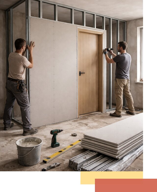 Перегородка из гипсокартона с дверью под ключ в Медногорске