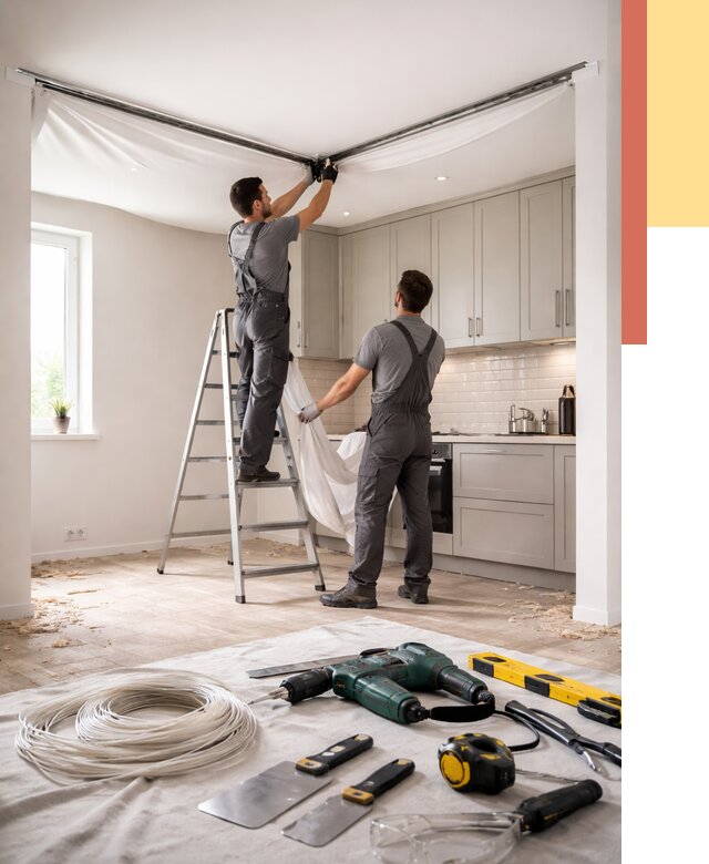 Установка натяжного потолка на кухне в Медногорске от 2441 руб. | ОТДЕЛОЧНИК-Мдн