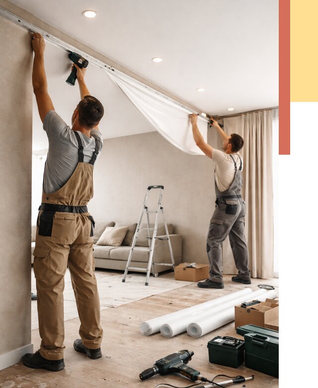 Монтаж натяжного потолка в гостиной в Медногорске от 559 руб. | ОТДЕЛОЧНИК-Мдн