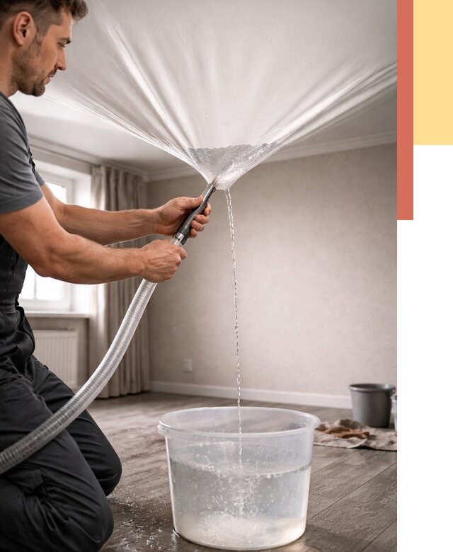 Слив воды с натяжного потолка в Медногорске от 2543 руб. быстро и недорого | ОТДЕЛОЧНИК-Мдн