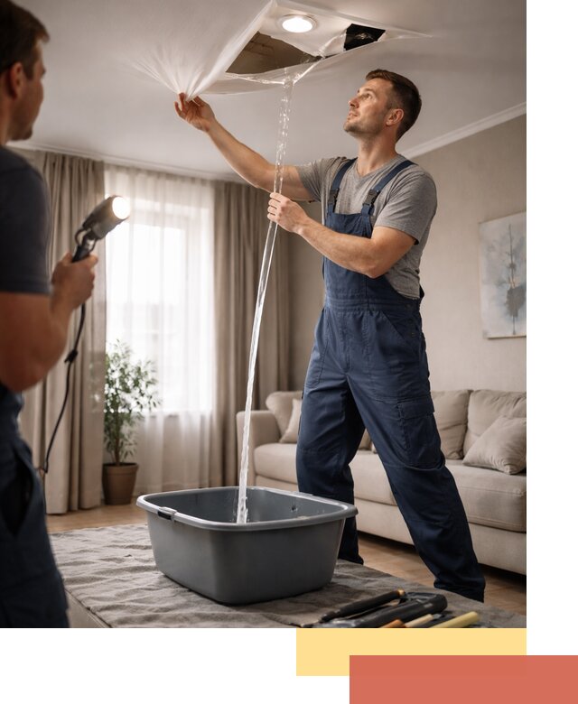 Слив воды с натяжного потолка в Медногорске быстро и аккуратно