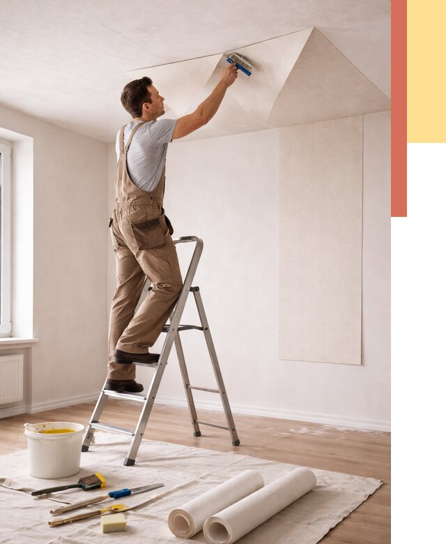 Поклейка обоев на потолок в Медногорске от 4577 руб. быстро и недорого | ОТДЕЛОЧНИК-Мдн